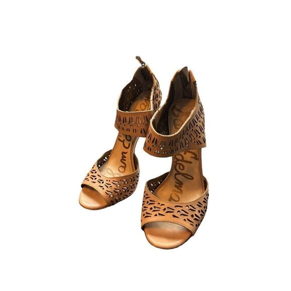Sam Edelman Alva Tan Leather Peep-Toe Heeled Sandals Size 7.5 Zipper Closure Cut - Picture 5 of 13
